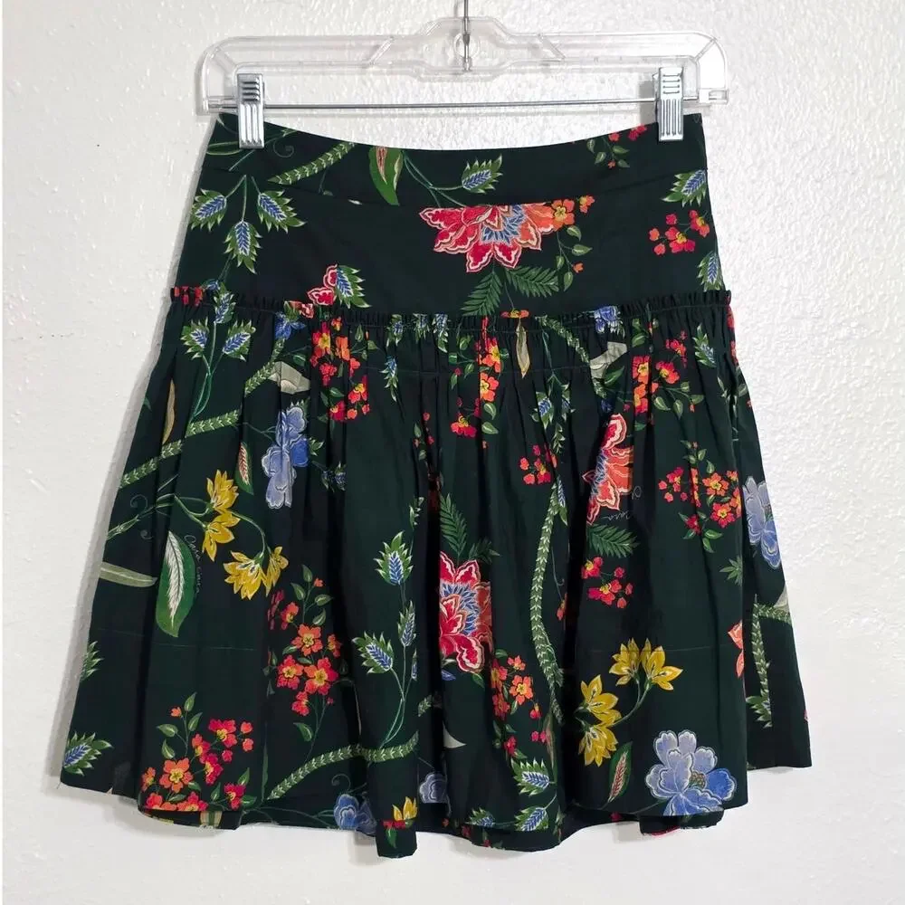 Cara Cara Alessandra Skirt in Ophelia Floral Emerald Poplin High Rise Pleated